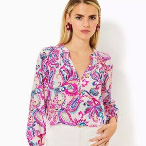 Lilly Pulitzer Elsa Silk Top, Coconut Flitting About, XL, XXL